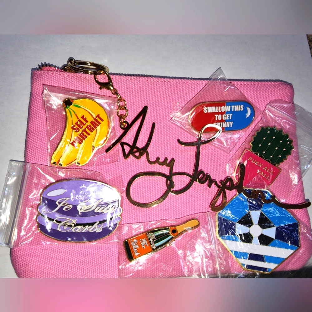 Ashley Longshore pink and gold small makeup bag with 6 special edition pins!!!!